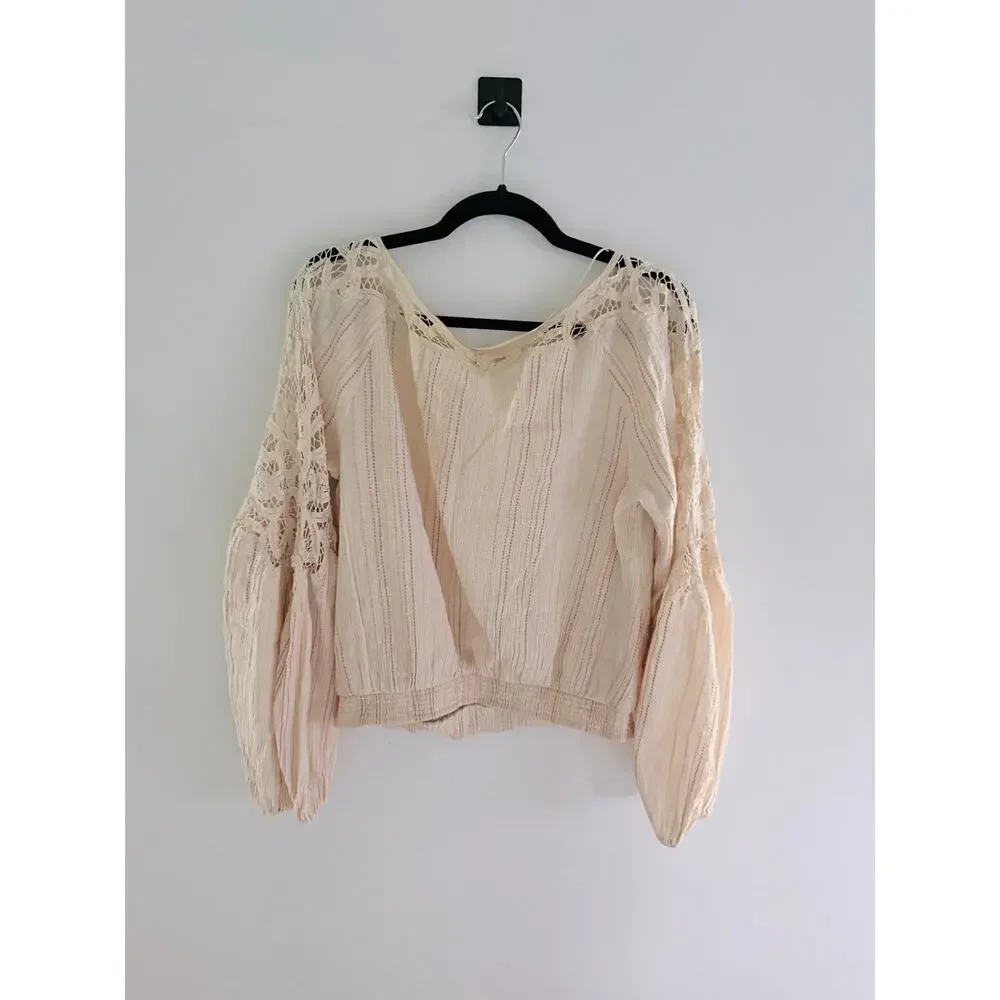 Free People Floating Memorie Crochet Peasant Neutral Cream Striped Blouse-Size L